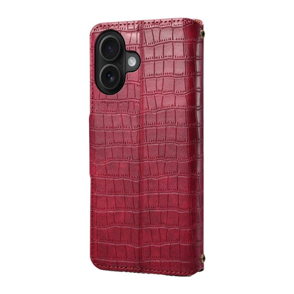 For iPhone 16 Denior Crocodile Texture Oil Edge Leather Phone Case(Rose Red) by Denior