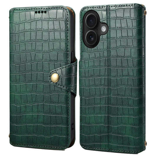 For iPhone 16 Denior Crocodile Texture Oil Edge Leather Phone Case(Green) by Denior