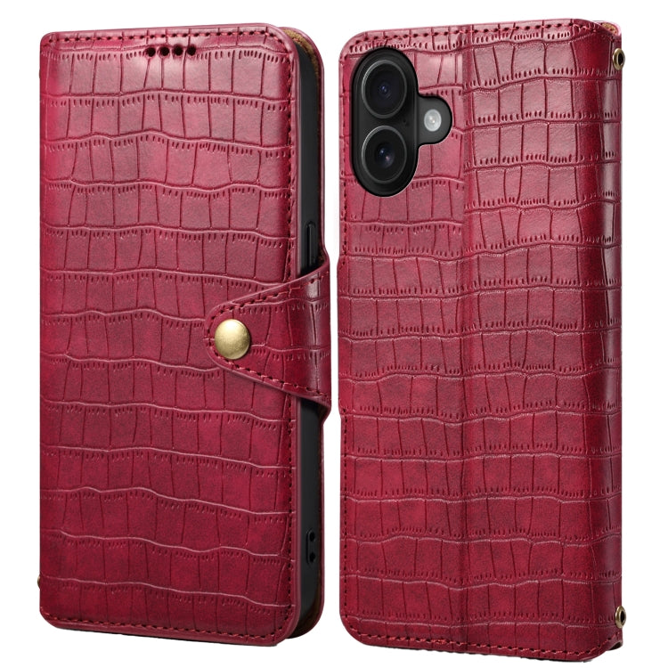 For iPhone 16 Plus Denior Crocodile Texture Oil Edge Leather Phone Case(Rose Red) by Denior