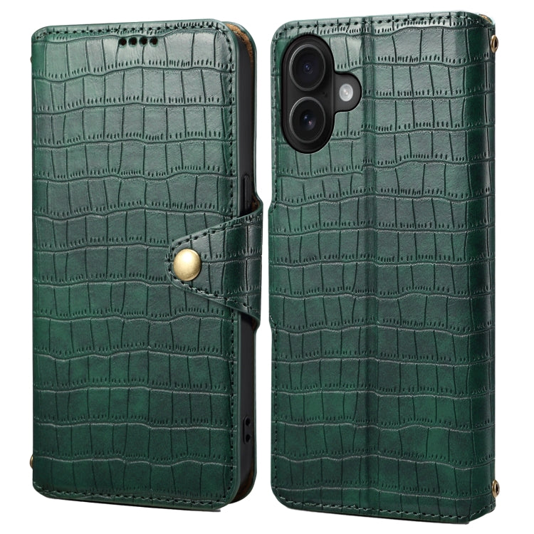 For iPhone 16 Plus Denior Crocodile Texture Oil Edge Leather Phone Case(Green) by Denior
