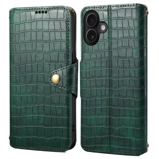 For iPhone 16 Plus Denior Crocodile Texture Oil Edge Leather Phone Case(Green) by Denior