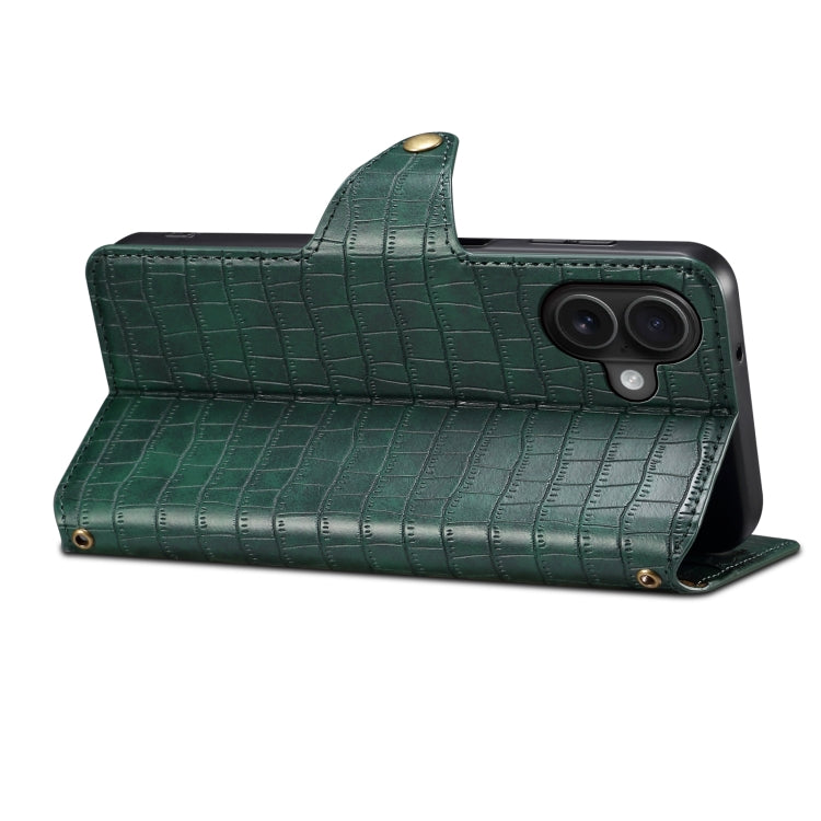 For iPhone 16 Plus Denior Crocodile Texture Oil Edge Leather Phone Case(Green) by Denior