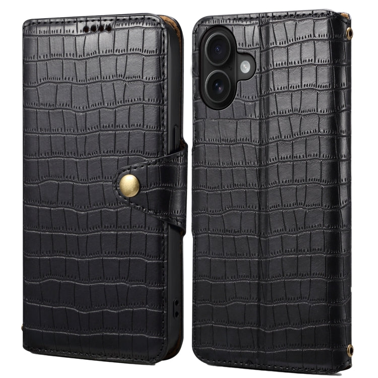 For iPhone 16 Plus Denior Crocodile Texture Oil Edge Leather Phone Case(Black) by Denior