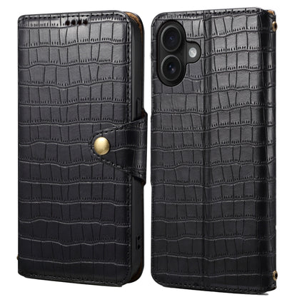 For iPhone 16 Plus Denior Crocodile Texture Oil Edge Leather Phone Case(Black) by Denior
