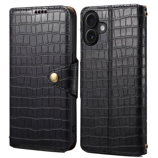 For iPhone 16 Plus Denior Crocodile Texture Oil Edge Leather Phone Case(Black) by Denior
