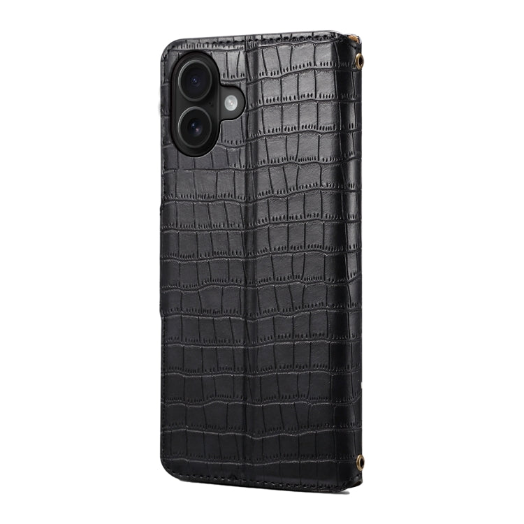 For iPhone 16 Plus Denior Crocodile Texture Oil Edge Leather Phone Case(Black) by Denior