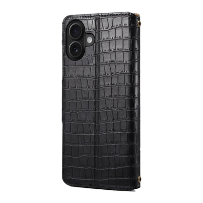 For iPhone 16 Plus Denior Crocodile Texture Oil Edge Leather Phone Case(Black) by Denior