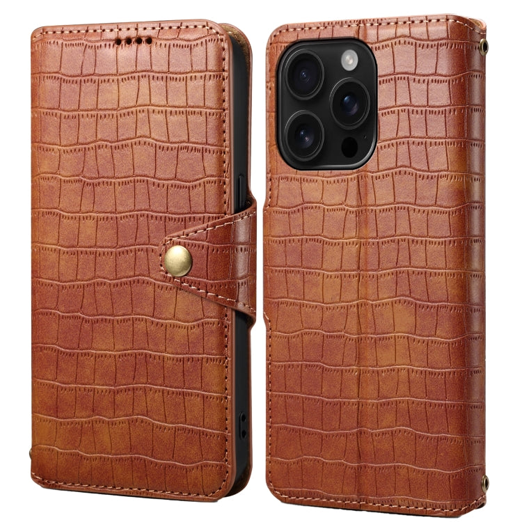 For iPhone 16 Pro Denior Crocodile Texture Oil Edge Leather Phone Case(Brown) by Denior