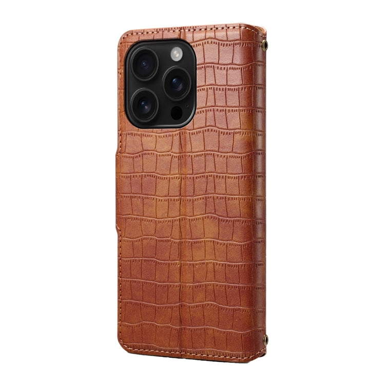 For iPhone 16 Pro Denior Crocodile Texture Oil Edge Leather Phone Case(Brown) by Denior