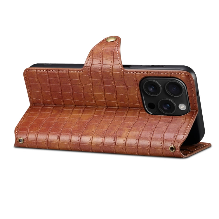 For iPhone 16 Pro Denior Crocodile Texture Oil Edge Leather Phone Case(Brown) by Denior