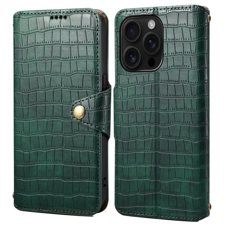 For iPhone 16 Pro Denior Crocodile Texture Oil Edge Leather Phone Case(Green) by Denior