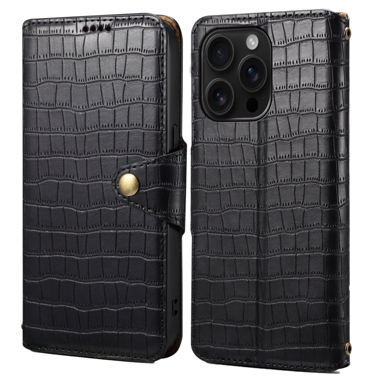 For iPhone 16 Pro Denior Crocodile Texture Oil Edge Leather Phone Case(Black) by Denior