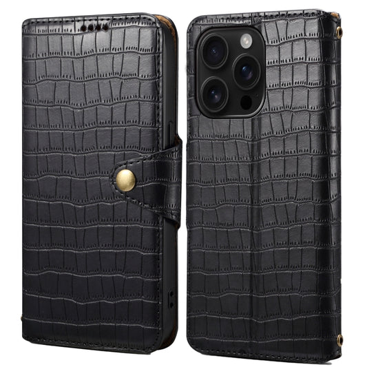 For iPhone 16 Pro Denior Crocodile Texture Oil Edge Leather Phone Case(Black) by Denior