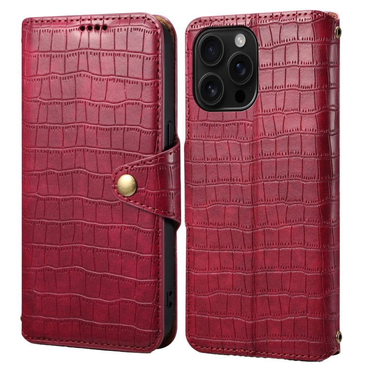 For iPhone 16 Pro Max Denior Crocodile Texture Oil Edge Leather Phone Case(Rose Red) by Denior