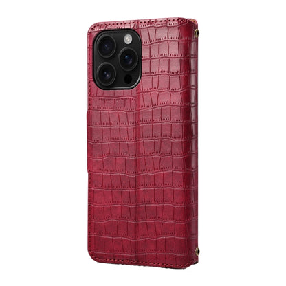 For iPhone 16 Pro Max Denior Crocodile Texture Oil Edge Leather Phone Case(Rose Red) by Denior