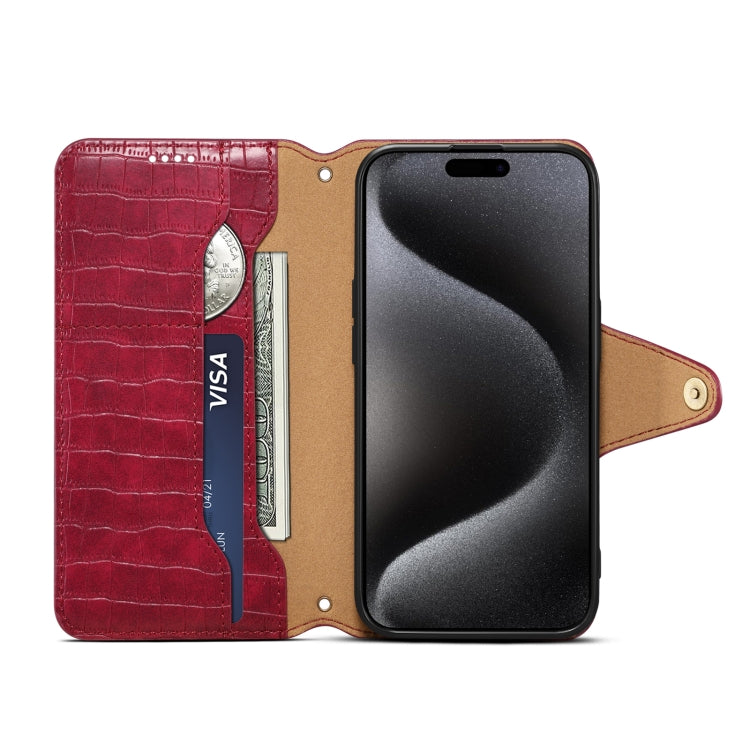 For iPhone 16 Pro Max Denior Crocodile Texture Oil Edge Leather Phone Case(Rose Red) by Denior