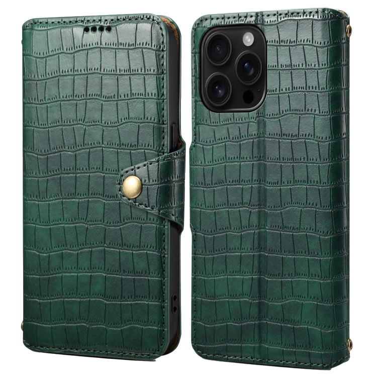 For iPhone 16 Pro Max Denior Crocodile Texture Oil Edge Leather Phone Case(Green) by Denior