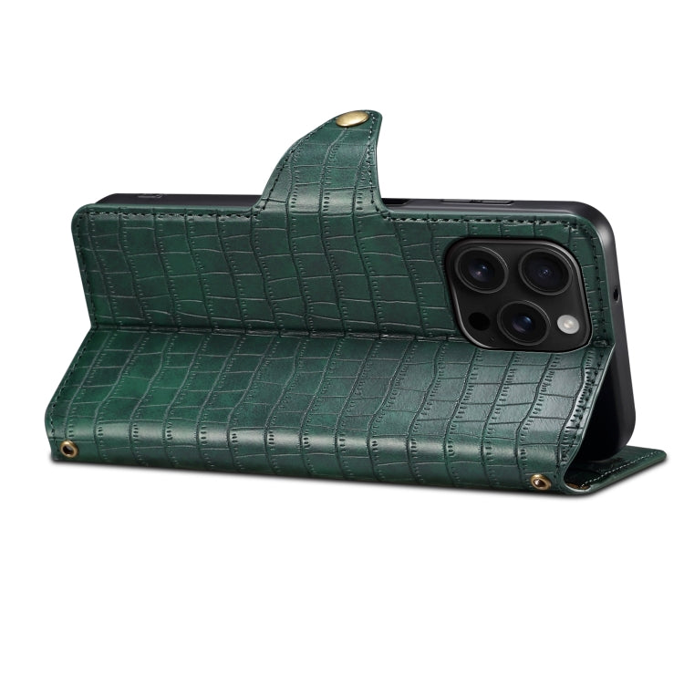 For iPhone 16 Pro Max Denior Crocodile Texture Oil Edge Leather Phone Case(Green) by Denior