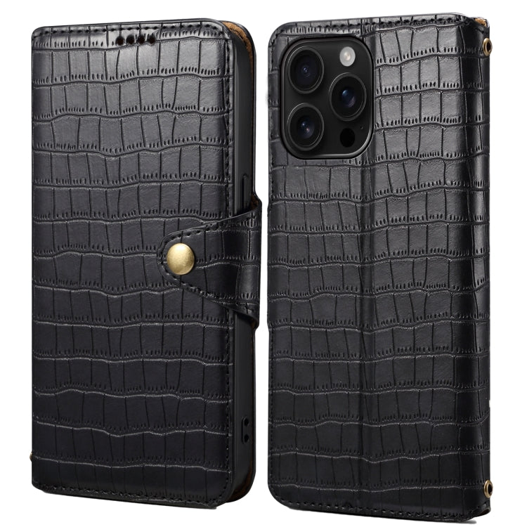 For iPhone 16 Pro Max Denior Crocodile Texture Oil Edge Leather Phone Case(Black) by Denior