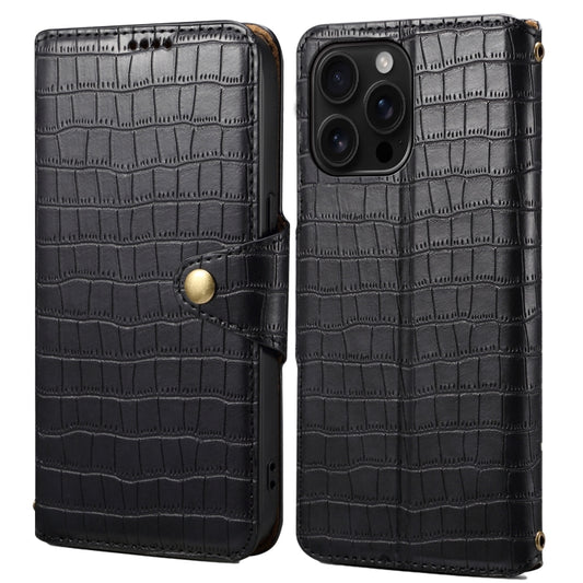 For iPhone 16 Pro Max Denior Crocodile Texture Oil Edge Leather Phone Case(Black) by Denior