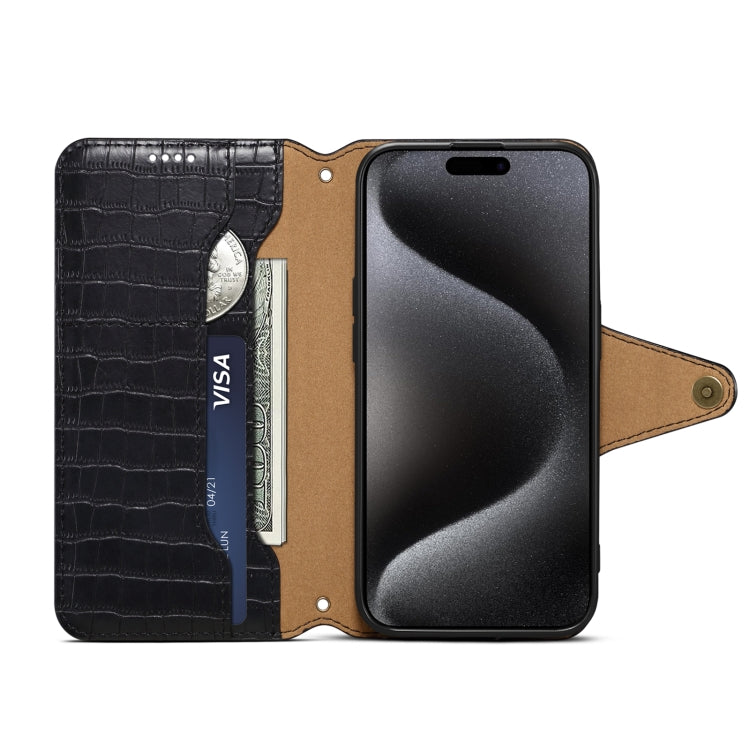 For iPhone 16 Pro Max Denior Crocodile Texture Oil Edge Leather Phone Case(Black) by Denior