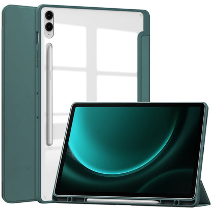 For Samsung Galaxy Tab S9 FE+ / S10+ Acrylic 3-folding Smart Leather Tablet Case with Pen Slot(Dark Green) by bashfashion