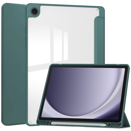 For Samsung Galaxy Tab A9+ Acrylic 3-folding Smart Leather Tablet Case with Pen Slot(Dark Green) by bashfashion