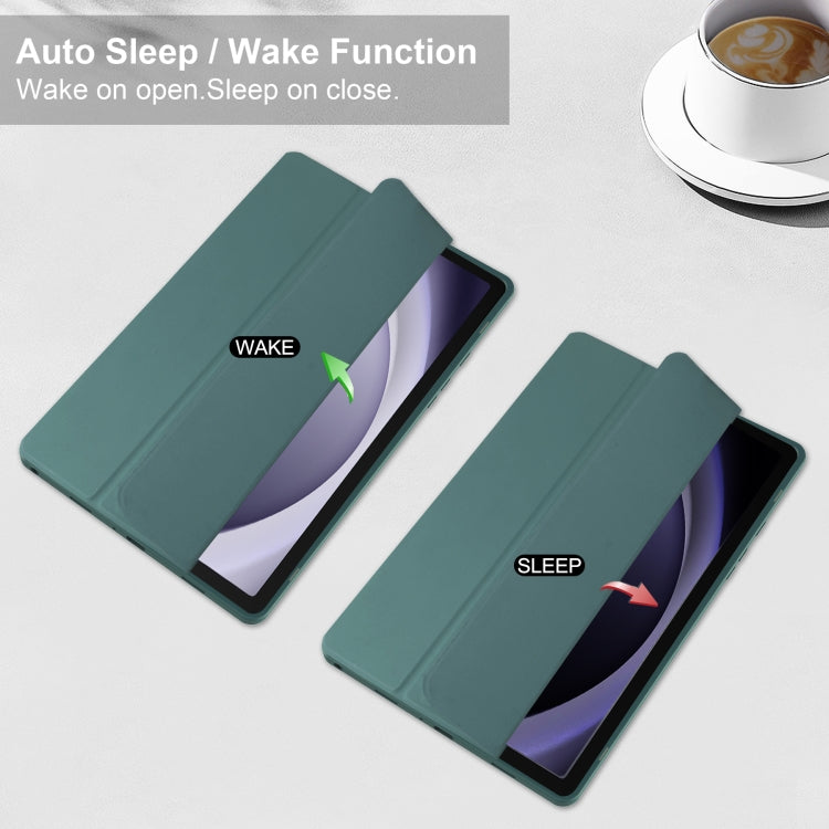 For Samsung Galaxy Tab A9+ Acrylic 3-folding Smart Leather Tablet Case with Pen Slot(Dark Green) by bashfashion