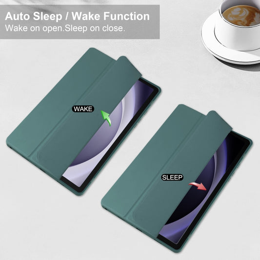 For Samsung Galaxy Tab A9+ Acrylic 3-folding Smart Leather Tablet Case with Pen Slot(Dark Green) by bashfashion