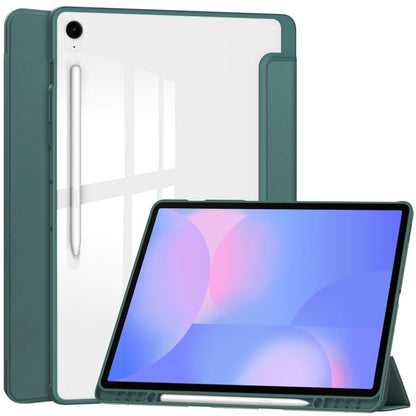 For Samsung Galaxy Tab S10 FE+ Acrylic 3-folding Smart Leather Tablet Case with Pen Slot(Dark Green) by bashfashion