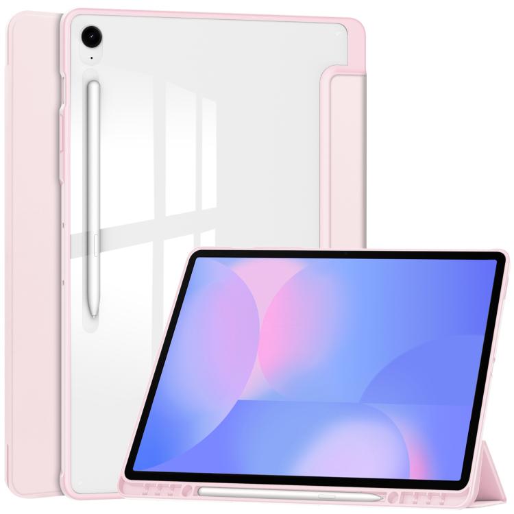 For Samsung Galaxy Tab S10 FE+ Acrylic 3-folding Smart Leather Tablet Case with Pen Slot(Pink) by bashfashion