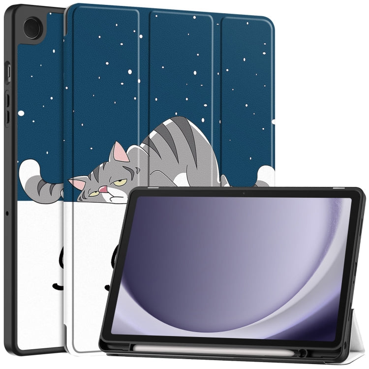 For Samsung Galaxy Tab A9+ Painted 3-folding Holder TPU Smart Leather Tablet Case(Lazy Cat) by bashfashion