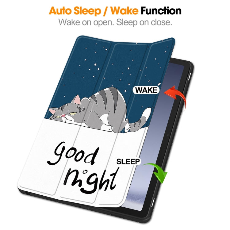 For Samsung Galaxy Tab A9+ Painted 3-folding Holder TPU Smart Leather Tablet Case(Lazy Cat) by bashfashion