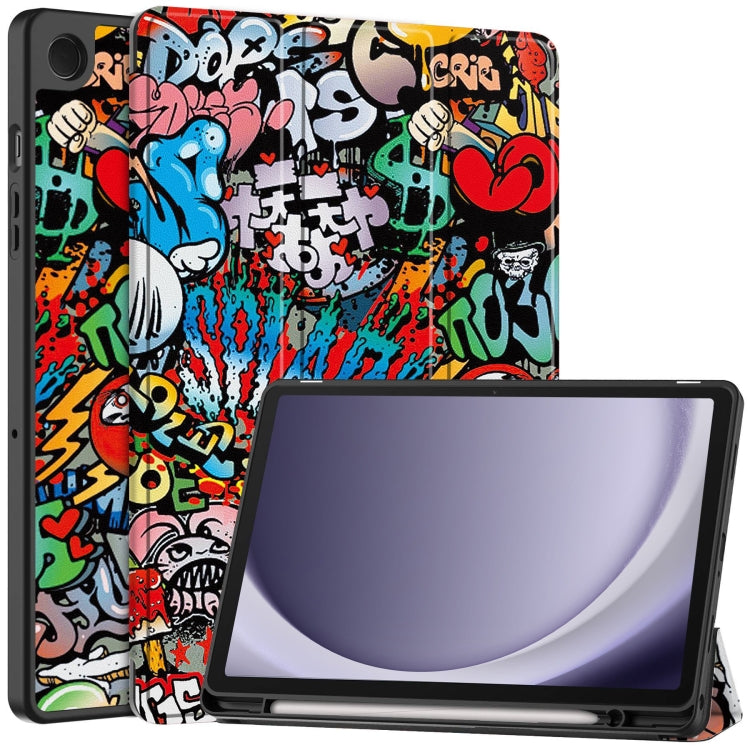For Samsung Galaxy Tab A9+ Painted 3-folding Holder TPU Smart Leather Tablet Case(Graffiti) by bashfashion
