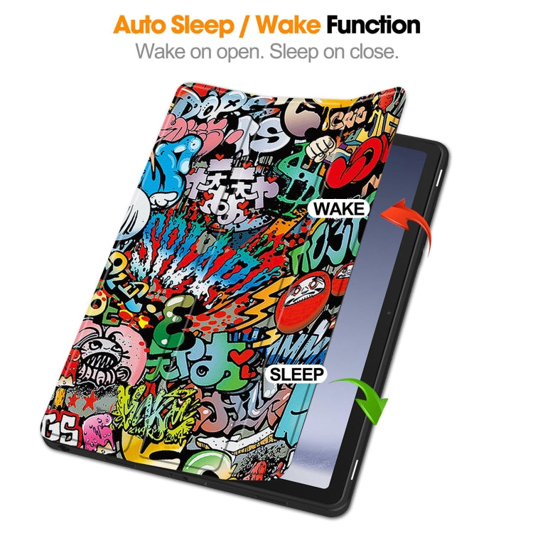 For Samsung Galaxy Tab A9+ Painted 3-folding Holder TPU Smart Leather Tablet Case(Graffiti) by bashfashion