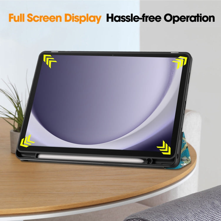 For Samsung Galaxy Tab A9+ Painted 3-folding Holder TPU Smart Leather Tablet Case(Apricot Blossom) by bashfashion