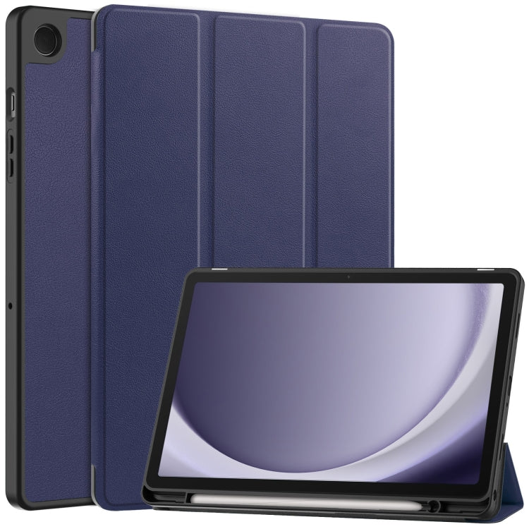 For Samsung Galaxy Tab A9+ Custer 3-folding Holder TPU Smart Leather Tablet Case(Dark Blue) by bashfashion