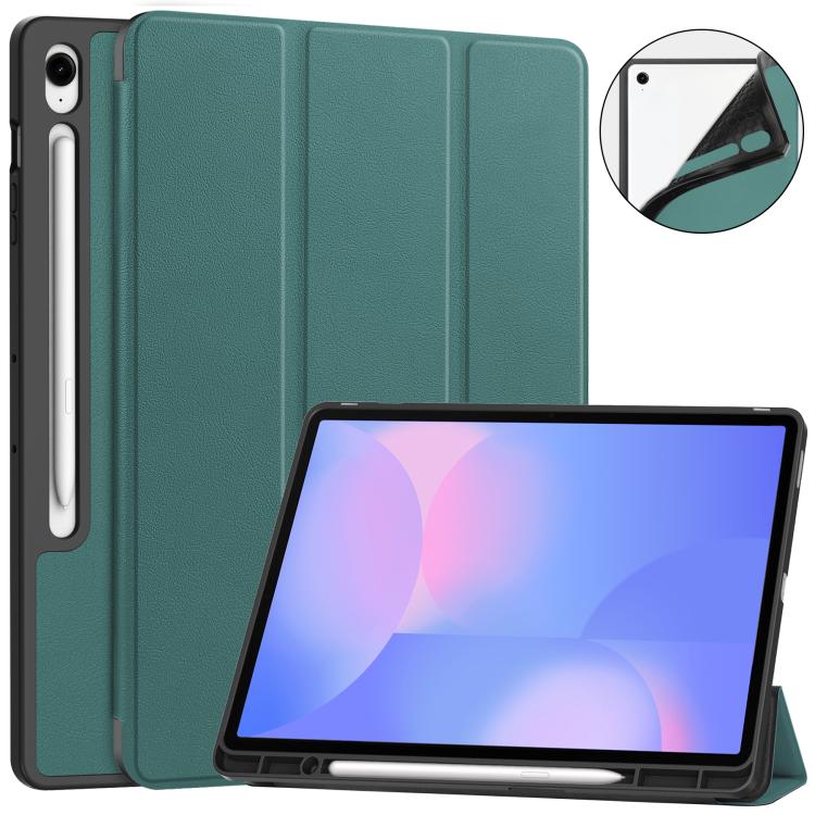 For Samsung Galaxy Tab S10 FE+ Custer 3-folding Holder TPU Smart Leather Tablet Case(Dark Green) by bashfashion