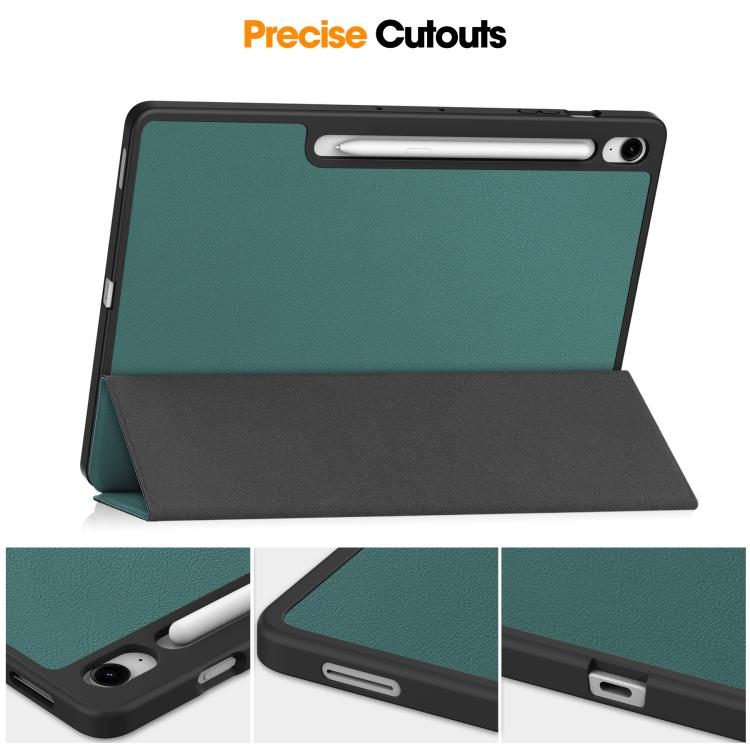 For Samsung Galaxy Tab S10 FE+ Custer 3-folding Holder TPU Smart Leather Tablet Case(Dark Green) by bashfashion