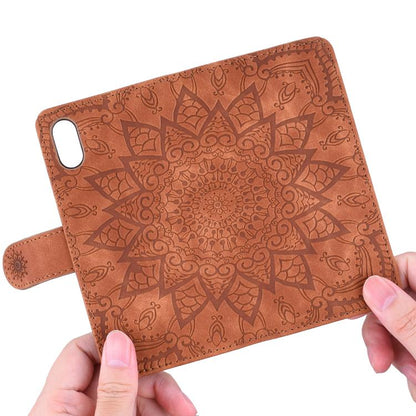 For iPhone 16e Mandala Embossed Dual-Fold Calf Leather Phone Case(Brown) by bashfashion