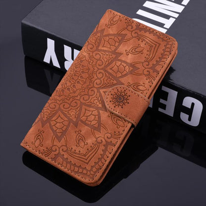 For iPhone 16e Mandala Embossed Dual-Fold Calf Leather Phone Case(Brown) by bashfashion