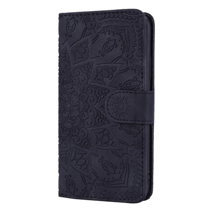 For iPhone 16e Mandala Embossed Dual-Fold Calf Leather Phone Case(Black) by bashfashion