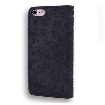 For iPhone 16e Mandala Embossed Dual-Fold Calf Leather Phone Case(Black) by bashfashion