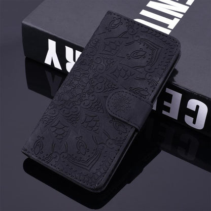 For iPhone 16e Mandala Embossed Dual-Fold Calf Leather Phone Case(Black) by bashfashion