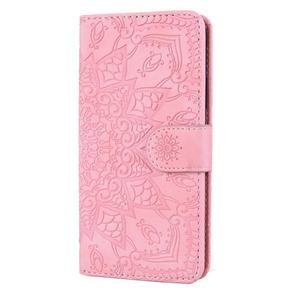 For iPhone 16e Mandala Embossed Dual-Fold Calf Leather Phone Case(Pink) by bashfashion