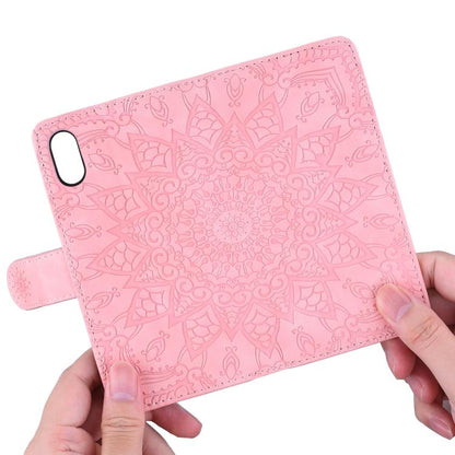 For iPhone 16e Mandala Embossed Dual-Fold Calf Leather Phone Case(Pink) by bashfashion