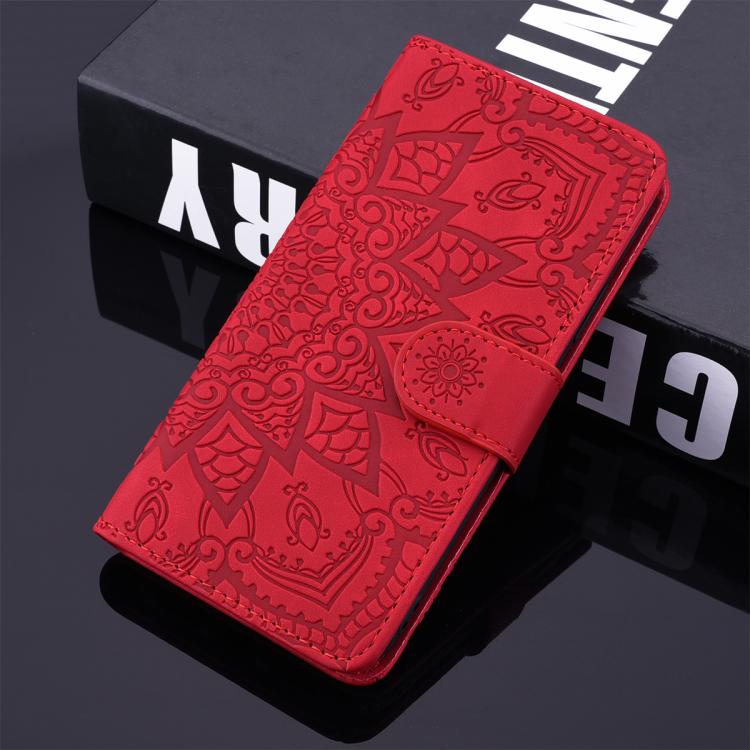 For iPhone 16e Mandala Embossed Dual-Fold Calf Leather Phone Case(Red) by bashfashion