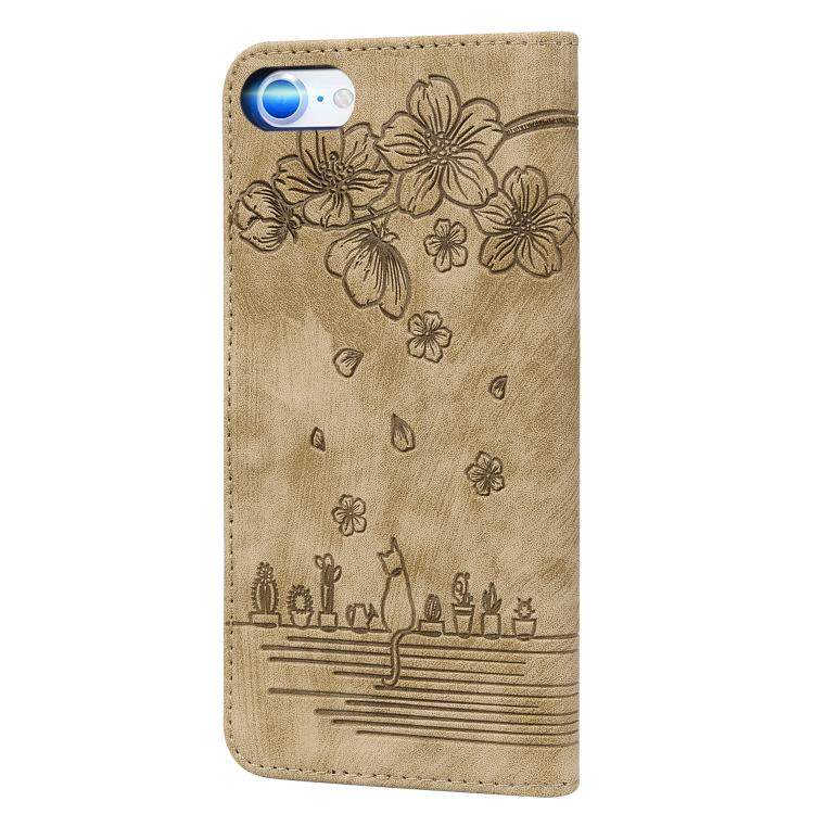 For iPhone 16e Cartoon Sakura Cat Embossed Leather Phone Case(Brown) by bashfashion