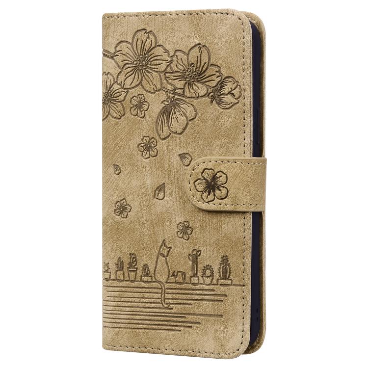For iPhone 16e Cartoon Sakura Cat Embossed Leather Phone Case(Brown) by bashfashion