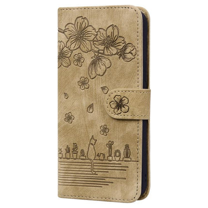 For iPhone 16e Cartoon Sakura Cat Embossed Leather Phone Case(Brown) by bashfashion